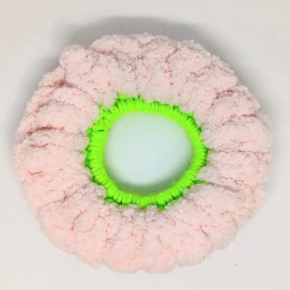 HANDMADE Pink & Neon Green Two-Tone Flower Hand Crocheted Large Hair Scrunchie